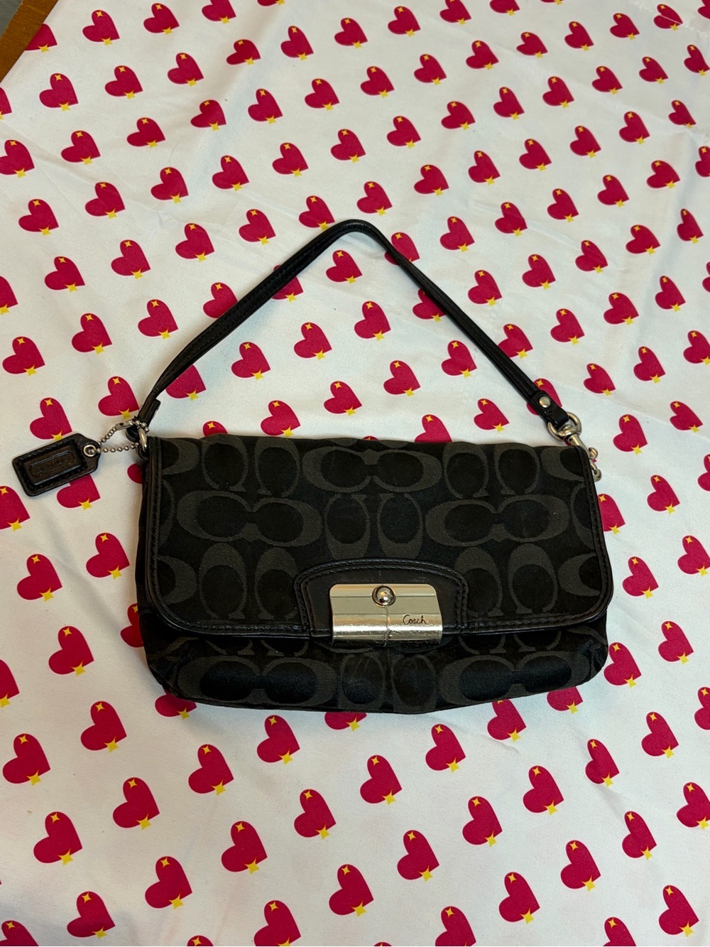 Coach Kristen Black Signature Canvas Shoulder mini baguette Silver Hardware